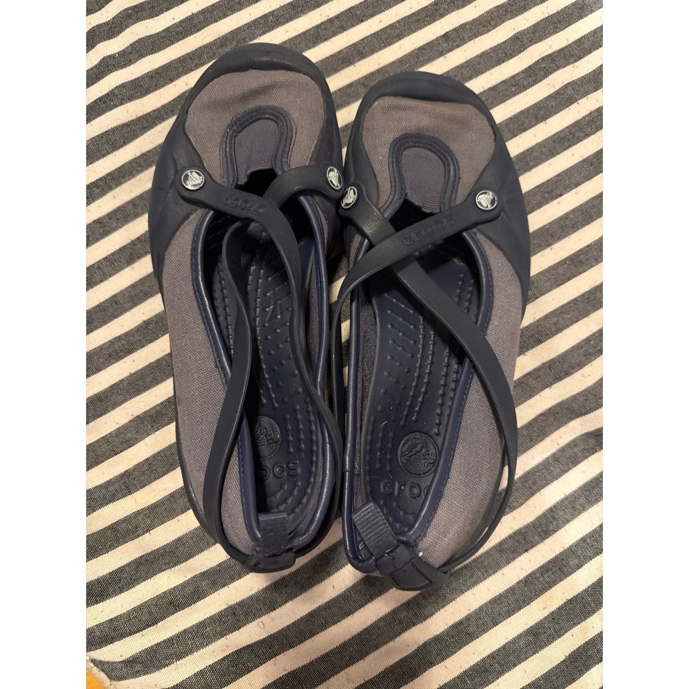 Crocs Mary Jane Canvas BLACK/Grey Cross Strap Flats Womens Size 9 Slip On